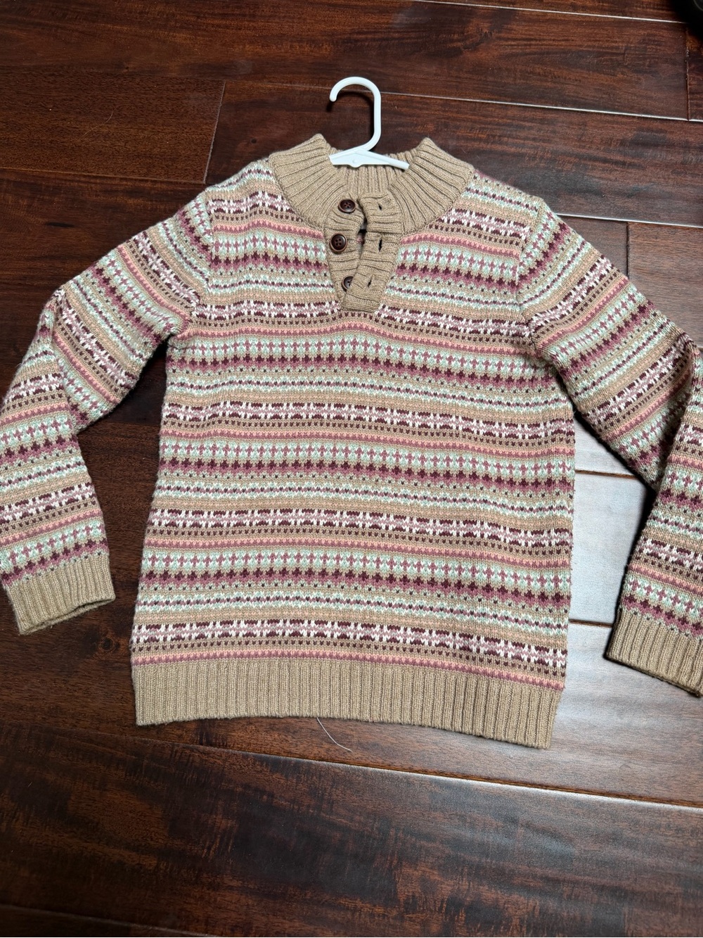 Janie and Jack Tan Multicolor Fair Isle Button-Neck Sweater boys size 5 runs BIG